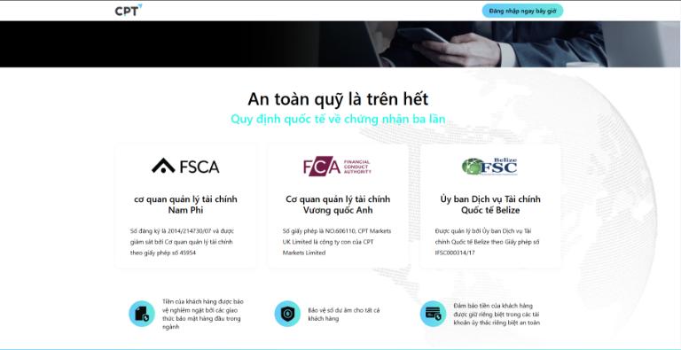 CPT Markets cóa giấy phép hoạt động của FCA, FSCA và FSC, đảm bảo minh bạch, uy tín